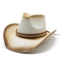 Hand-painted ivory cowboy hat with brown gradient edges and woven decorative band - M (56-58cm) / Milk White (Coffee Gradient)