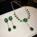 Luxury gold necklace and earring set with emerald-green stones and floral zircon design - Gold-Green