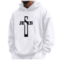 White fleece hoodie featuring a black Jesus cross print and adjustable drawstring - S / Tops / White (Jesus)