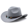 Detail of grey felt cowboy hat featuring leather band with turquoise and wooden beads - M (56-58cm) Adjustable / Light Gray