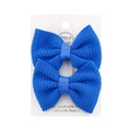 Pair of blue waffle texture fabric bow hair clips for girls on a display card - Sapphire Blue