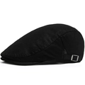 Classic black washed cotton newsboy hat with adjustable silver metal buckle detail - Black