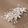 Detailed view of silver bridal hair clip with handmade pearls and crystal floral motifs - Silver HS-J6985S