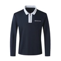 Dettaglio polo blu scuro a maniche lunghe con colletto bianco e cerniera lampo - Blu Navy con Bianco