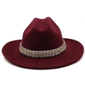 Detail of wool jazz hat with rhinestone-studded silver band on deep red felt material - M (56-58cm) / Burgundy