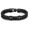 Men's double-layered black leather bracelet with custom engraved metal rings and magnetic clasp - Black Clasp - 2 Names