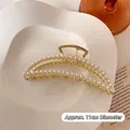 Pince à cheveux dorée de 11cm avec double rangée de perles blanches élégantes - Pince à Cheveux Croissant de Lune Perle Doré