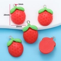 Red resin strawberry pendants with green leaves and metal rings for DIY jewelry making - Style I/2.35g