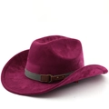 Detail of burgundy suede western cowboy hat with grey woven band and leather buckle - Burgundy