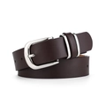 Detailopname van donkerbruine leren riem met zilveren gesp en metalen lussen - 105cmx3cm / koffiekleur