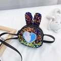 Sparkly black sequin crossbody bag for girls with rabbit ears and a blue heart patch - Black