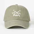 Close-up of Cat Mom embroidery and cat whiskers on khaki washed cotton baseball cap - Light Khaki