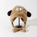 Plush puppy earflap hat for women with cute cartoon eyes and brown faux fur - Khaki