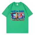 Bright green cotton t-shirt with letter print and graphic on flat lay background - Green