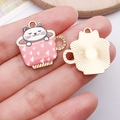 Pink cartoon cat coffee cup alloy pendant charm with golden back and sunburst texture - Pink Cup White Cat - Gold Base