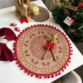 Christmas jute placemat with red pom-pom edge and festive print on beige fabric - Style 2 Red (Pom-poms)