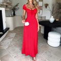 Elegantes rotes französisches Maxikleid mit Puffärmeln und gerafften Details - Rot