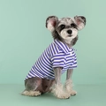 Blue and white striped pet polo shirt shown on a dog with a soft green background - Fine Purple Stripe