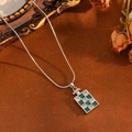 Silver snake chain necklace with green and white checkerboard square pendant - Silver Green Checkerboard White Zirconia