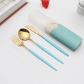 Portable stainless steel cutlery set with gold finish and light blue handles in case - Type E Green+Gold