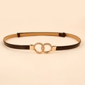 Minimalist black slim leather belt with a circular golden double ring metal buckle - Double Ring Buckle (19272) / Black