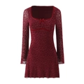 Elegant wine red square neck lace dress with long sleeves and satin bow detail - S / Burgundy