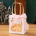 White gift bag with clear window, large pink satin bow and Teacher's Day tag decoration - Beige + Teacher's Day Tag + Raffia