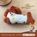 Cute brown plush puppy hair clip with blue polka dot outfit and red cherry accent - 6# Polka Dot Dog Doll - Hair Clip