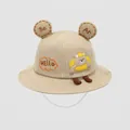 Detail of khaki cotton bucket hat with bear ears, HELLO patch and windproof strap - 50cm (1-3 Years) / Khaki