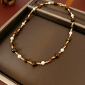 Collier perles œil de tigre plaqué or avec pendentif cœur et fermoir vintage chic - 4# Collier de Perles à Rang Unique - Café