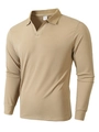 Macrodetail van kaki ribgebreide stof en V-hals op dit heren poloshirt met lange mouwen - Khaki