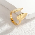 18K gold plated stainless steel angel wing open ring with detailed feather texture - Wing / Gold