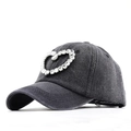 Frayed denim baseball cap with crystal heart embellishment and rhinestone tassels - Adjustable / Black