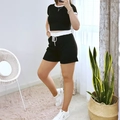 Women's two-piece black t-shirt and shorts set with white trim and drawstring detail - S / Black