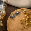 Detail of vintage silver dragonfly earrings with colorful stones on a wooden tray - E5846-Retro Silver Dragonfly Phantom Stone