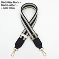 Adjustable black and white striped woven bag strap with black leather and gold hardware - Black Base Black + Black Leather