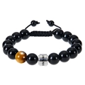 Detail of custom engraved silver cylinder on black beaded bracelet with tiger eye stone - Tiger Eye + Obsidian - Custom Bracelet