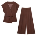Flat lay of chocolate brown V-neck sleeveless top and matching wide-leg trousers set - Coffee Set