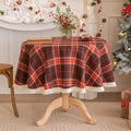 Round Christmas tablecloth with red and brown plaid pattern and white fringe edge - British Red Plaid Round
