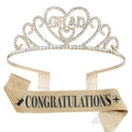 Gold graduation tiara with rhinestones and matching glitter congratulations sash - Light Gold Black Letter Set (Glitter Cloth)