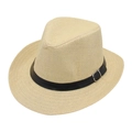 Men's summer straw jazz hat in beige with black leather band and silver buckle detail - Beige