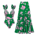 Dames tweedelige groene bloemen badpakset met V-hals ruches top en gelaagde maxi-rok - Set