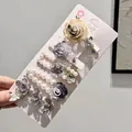 6-piece hair clip set featuring vintage pearls, smoky gray roses, and champagne flowers - #3#5229 Gray