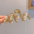 Amber resin shark clip with white camellia and pearls for thick hair elegant look - Floral Pearl Wavy Claw Clip