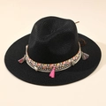 Cappello di paglia nero Panama con nastro colorato bohémien e decoro in conchiglia - M (56-58cm) / Nero
