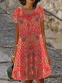 Ethnic A-line μίντι φόρεμα με κόκκινα γεωμετρικά σχέδια και κοντά μανίκια - S / Dresses / Κόκκινο Γεωμετρικό (Στυλ 4)