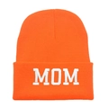 Orange knit beanie featuring white MOM embroidery with ribbed texture for winter warmth - MOM / Orange