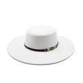 Elegant white wool boater hat with black PU leather band and gold metal buckle detail - M (56-58cm) / White