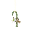 Christmas candy cane ornament in green and gold cord with white pom-pom bow detail - Green Christmas Candy Cane