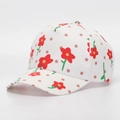 Detail of white cotton baseball cap featuring vibrant red floral prints and pink polka dots - White Red Floral Style (11#)